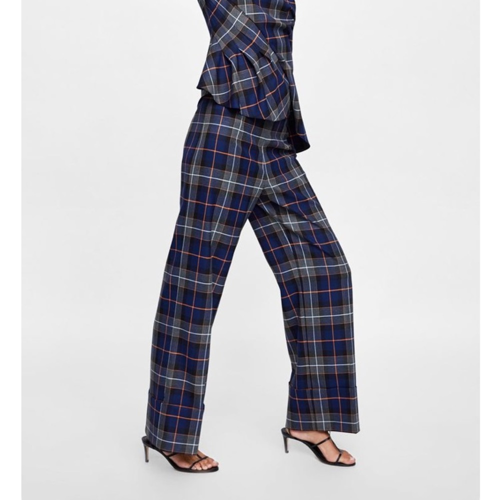 NWT ZARA HIGH WAIST PLAID TARTAN TURNUP HEM PANTS